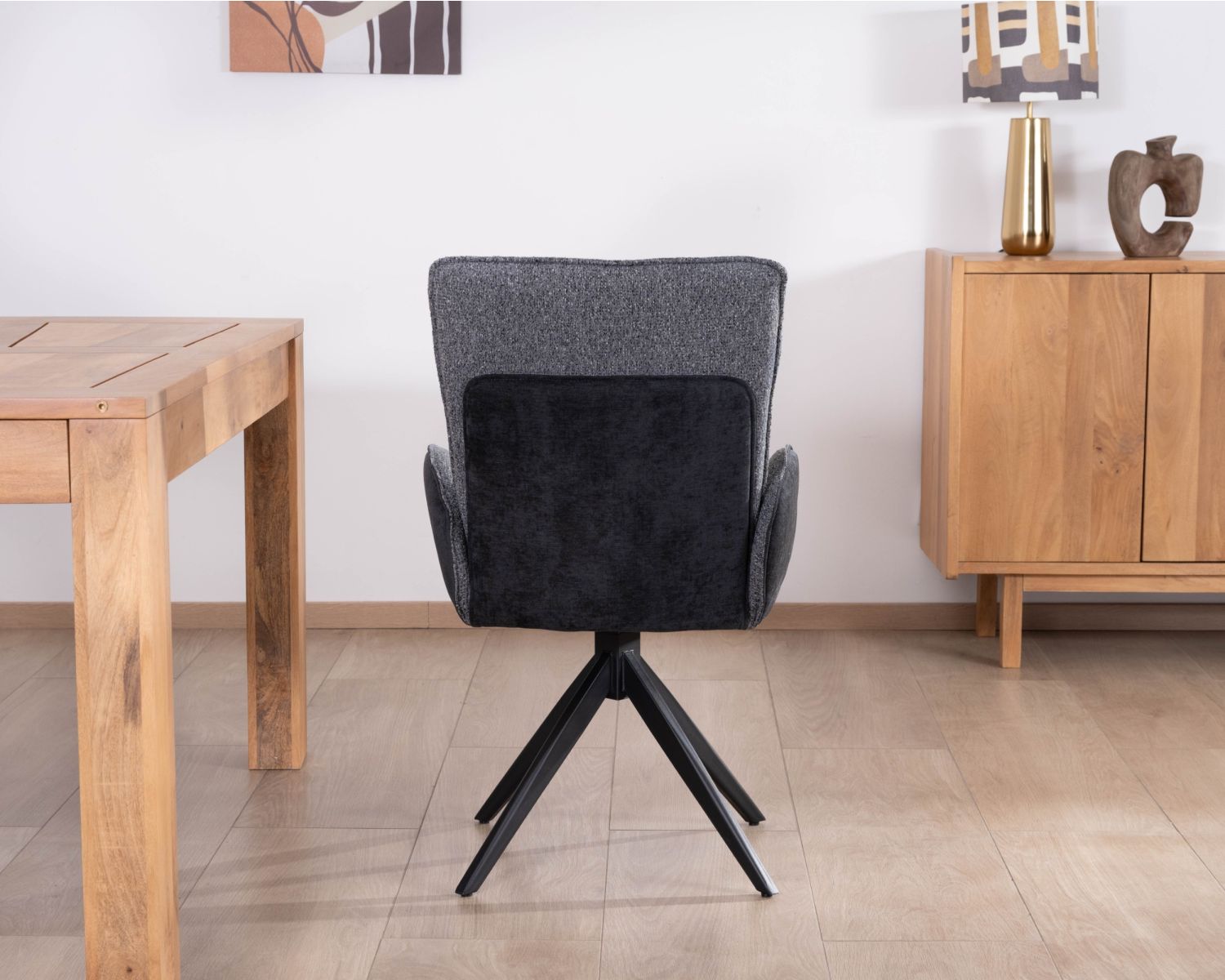 Set di 2 sedie "Eddy" in tessuto bi-materiale antracite con braccioli e base girevole in metallo