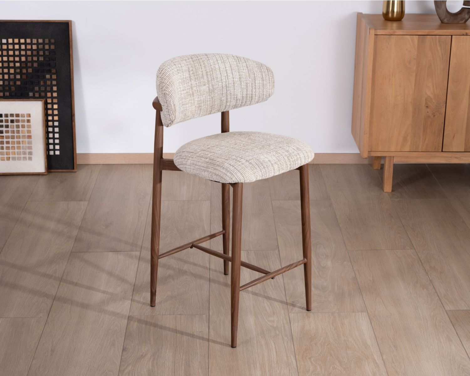 Set di 2 sedie in tessuto retrò a mezza altezza "Arpège" beige e marrone con gambe in metallo effetto noce