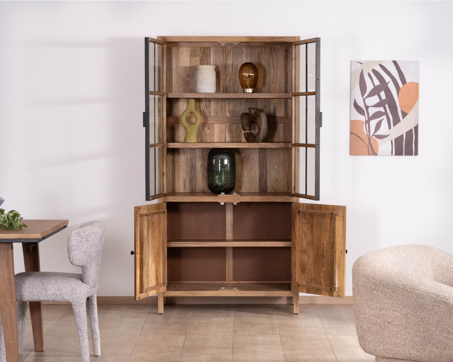 Mobile portavivande "Maestro" da 100 cm in mango naturale con ante in vetro