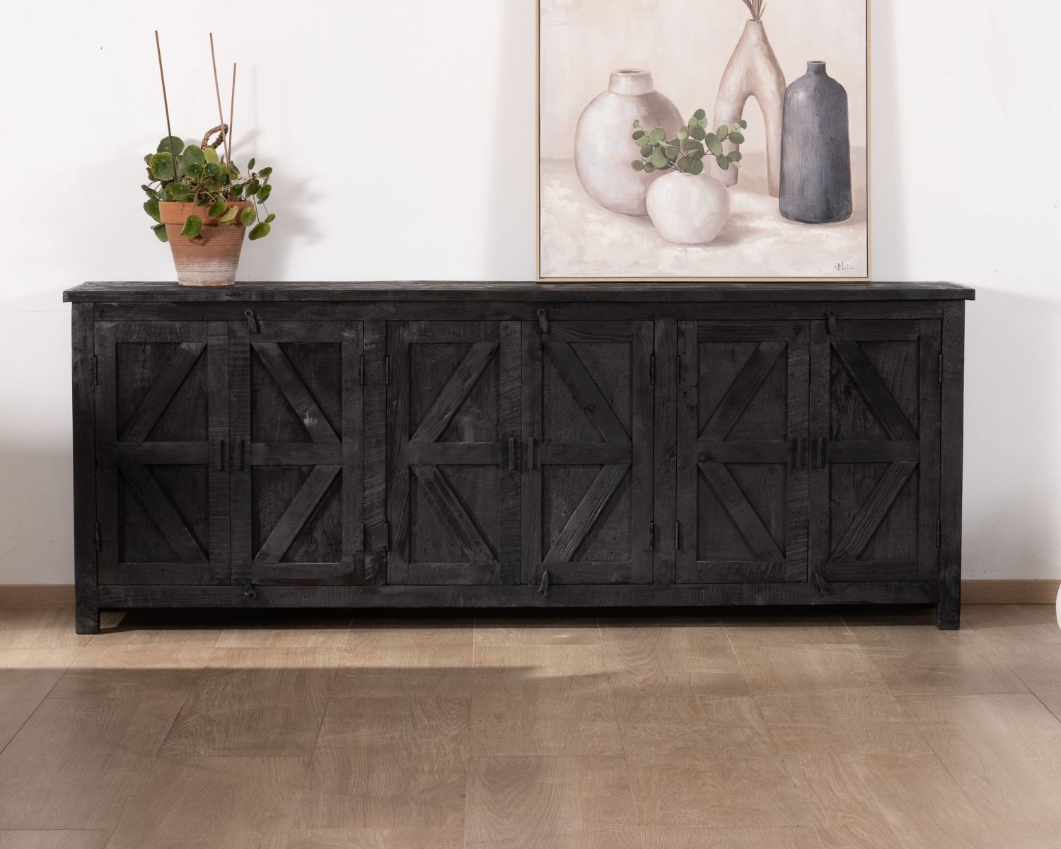 Credenza a 6 ante in stile etnico in legno di recupero con finitura nera "Nepalaise" 215 cm