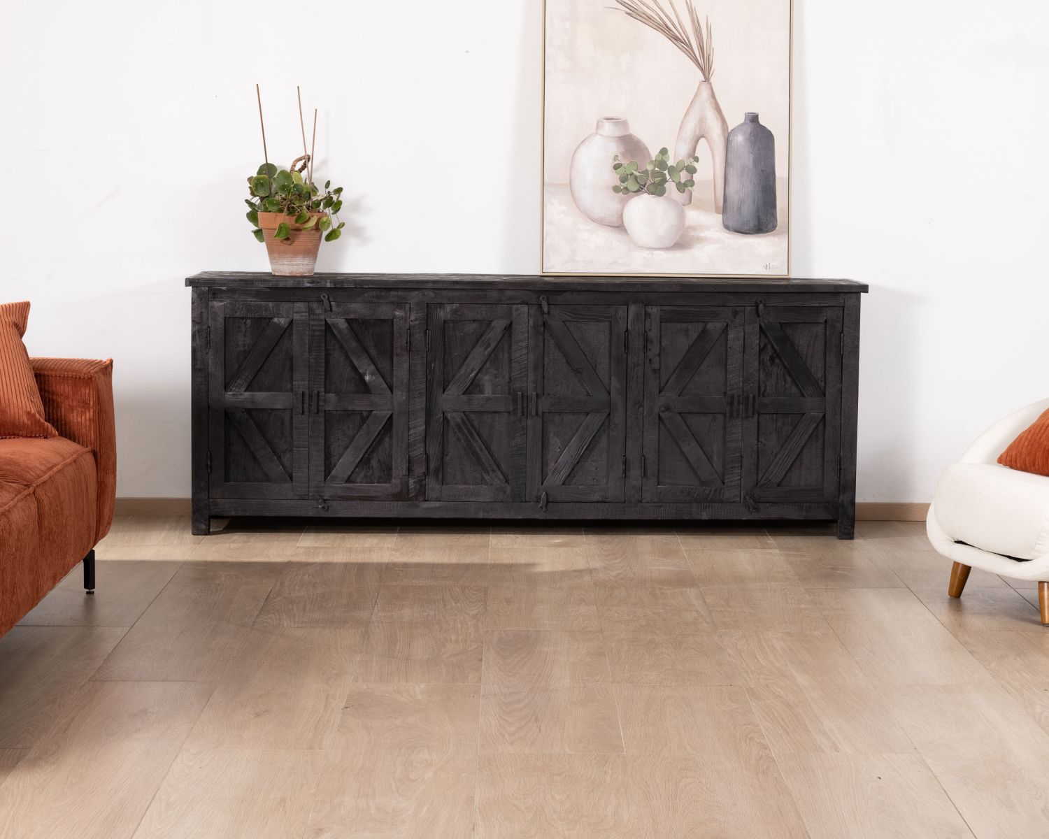 Credenza a 6 ante in stile etnico in legno di recupero con finitura nera "Nepalaise" 215 cm