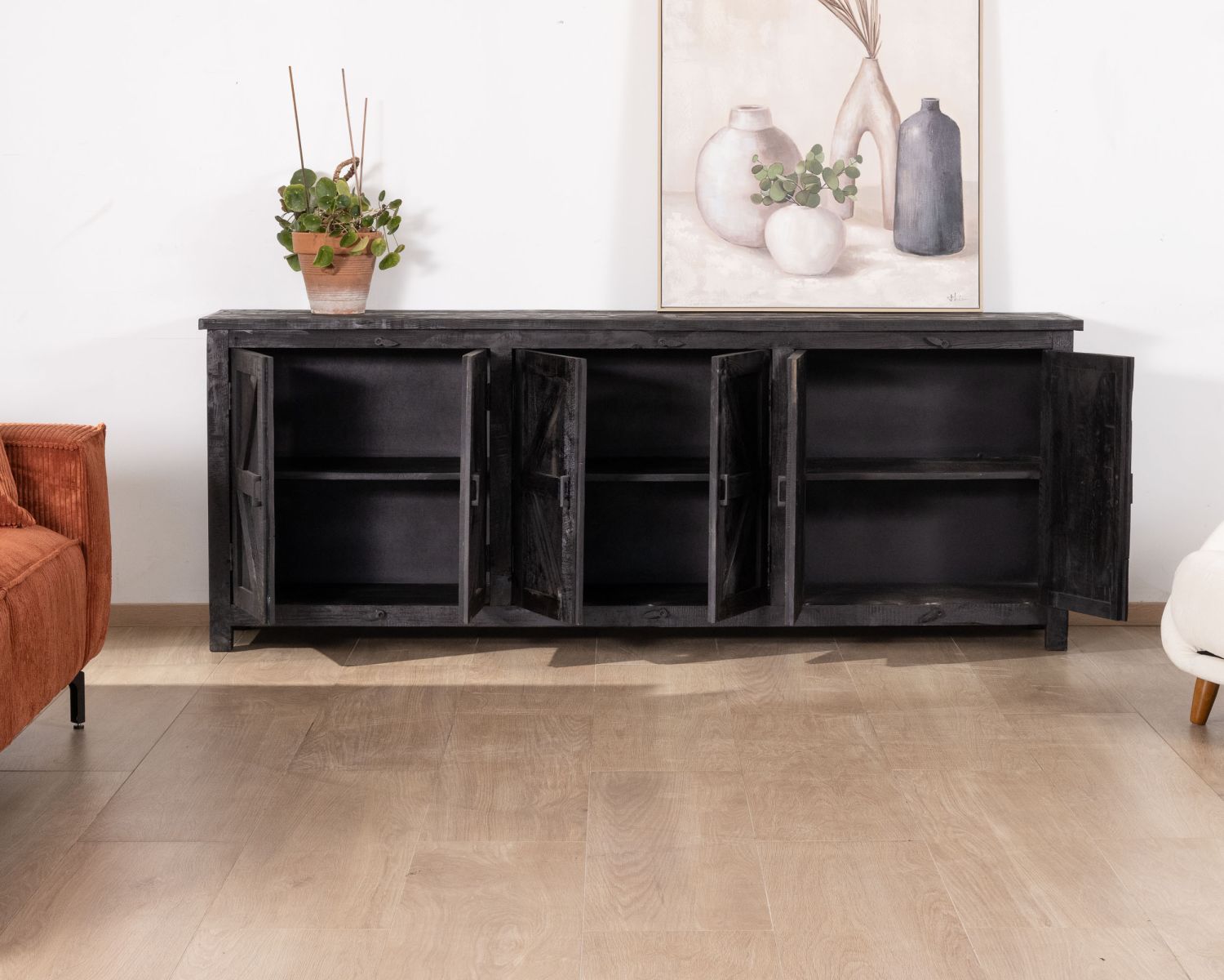 Credenza a 6 ante in stile etnico in legno di recupero con finitura nera "Nepalaise" 215 cm