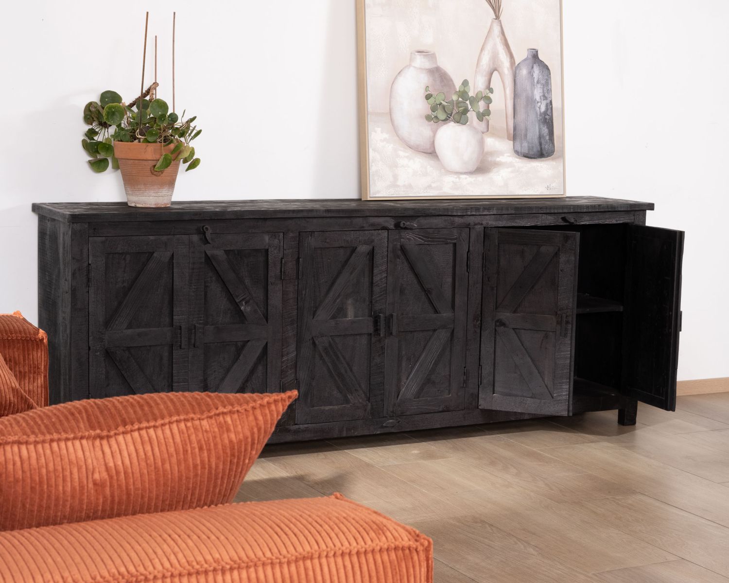 Credenza a 6 ante in stile etnico in legno di recupero con finitura nera "Nepalaise" 215 cm