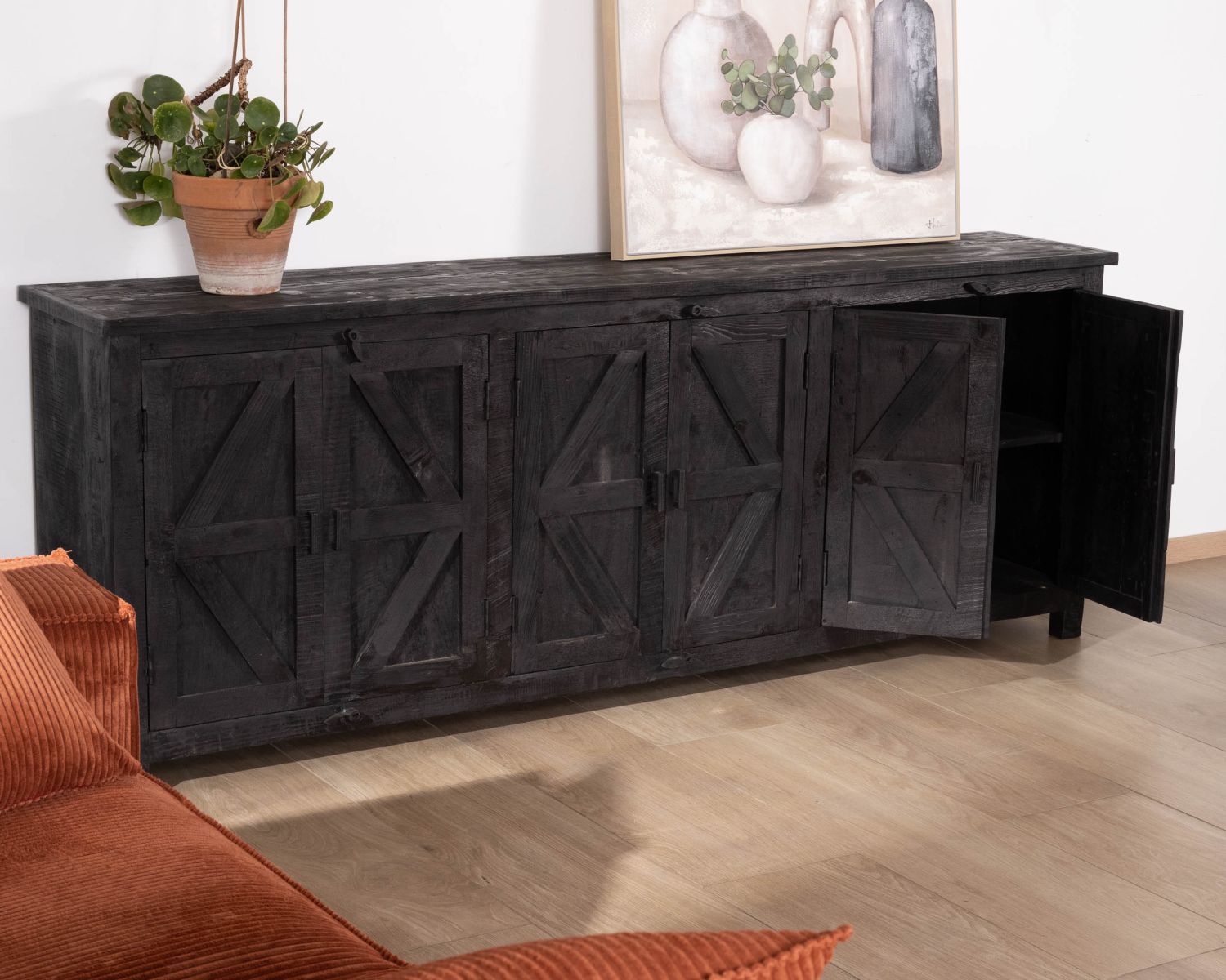 Credenza a 6 ante in stile etnico in legno di recupero con finitura nera "Nepalaise" 215 cm