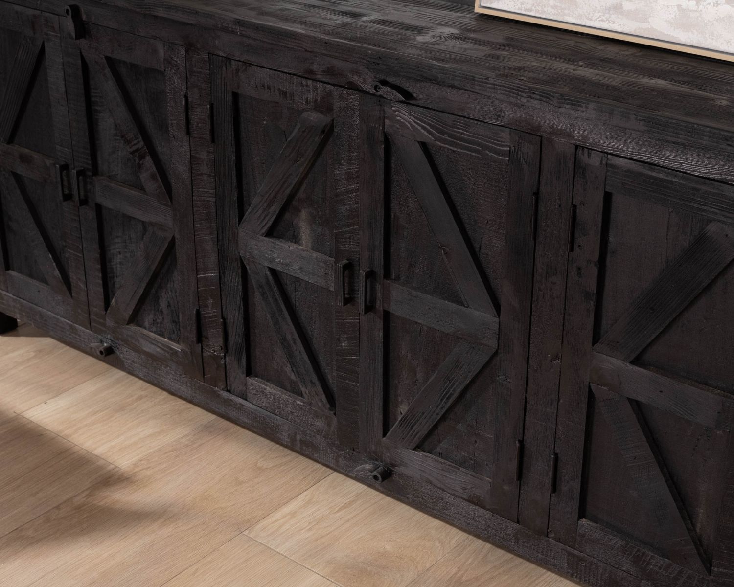 Credenza a 6 ante in stile etnico in legno di recupero con finitura nera "Nepalaise" 215 cm