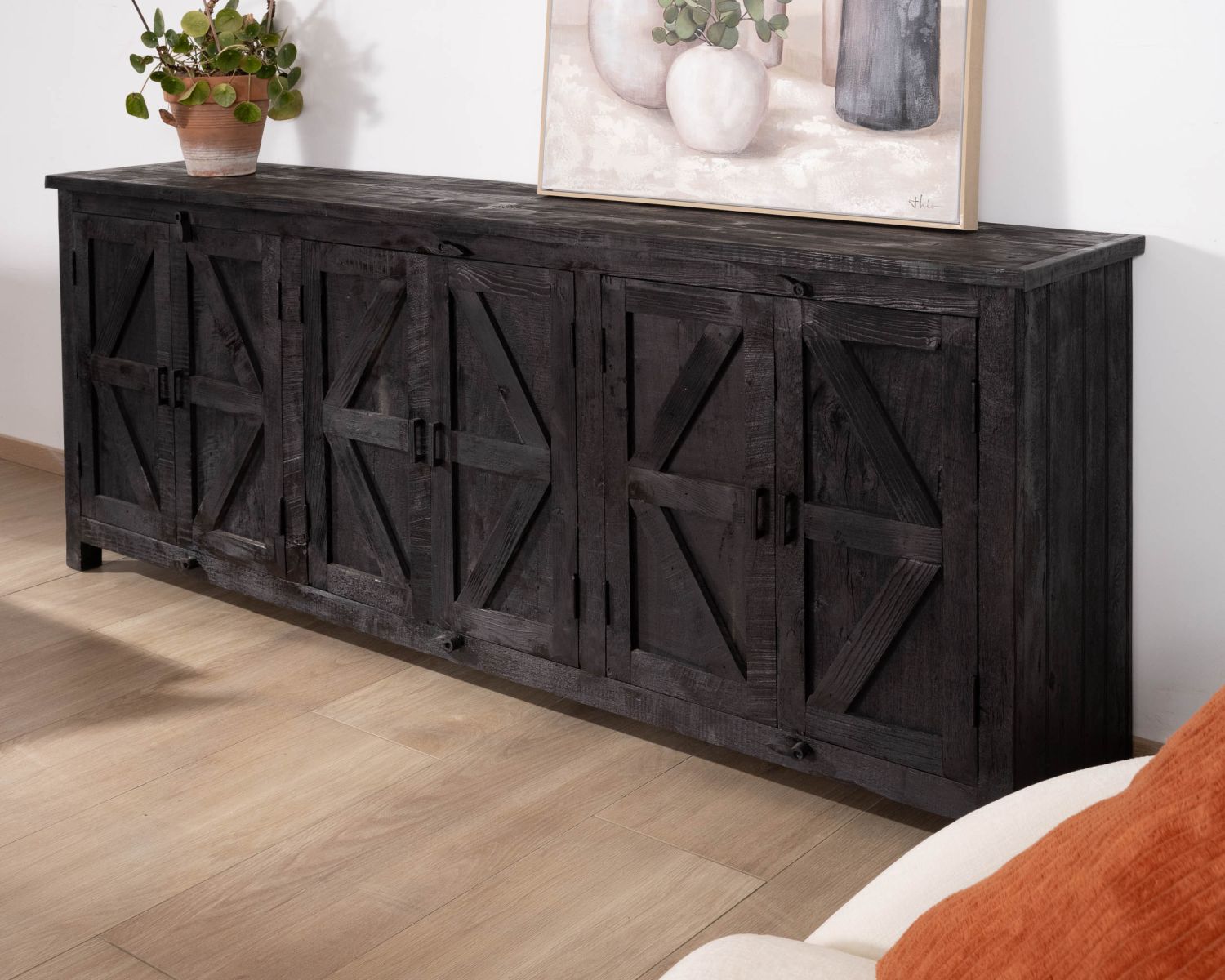 Credenza a 6 ante in stile etnico in legno di recupero con finitura nera "Nepalaise" 215 cm