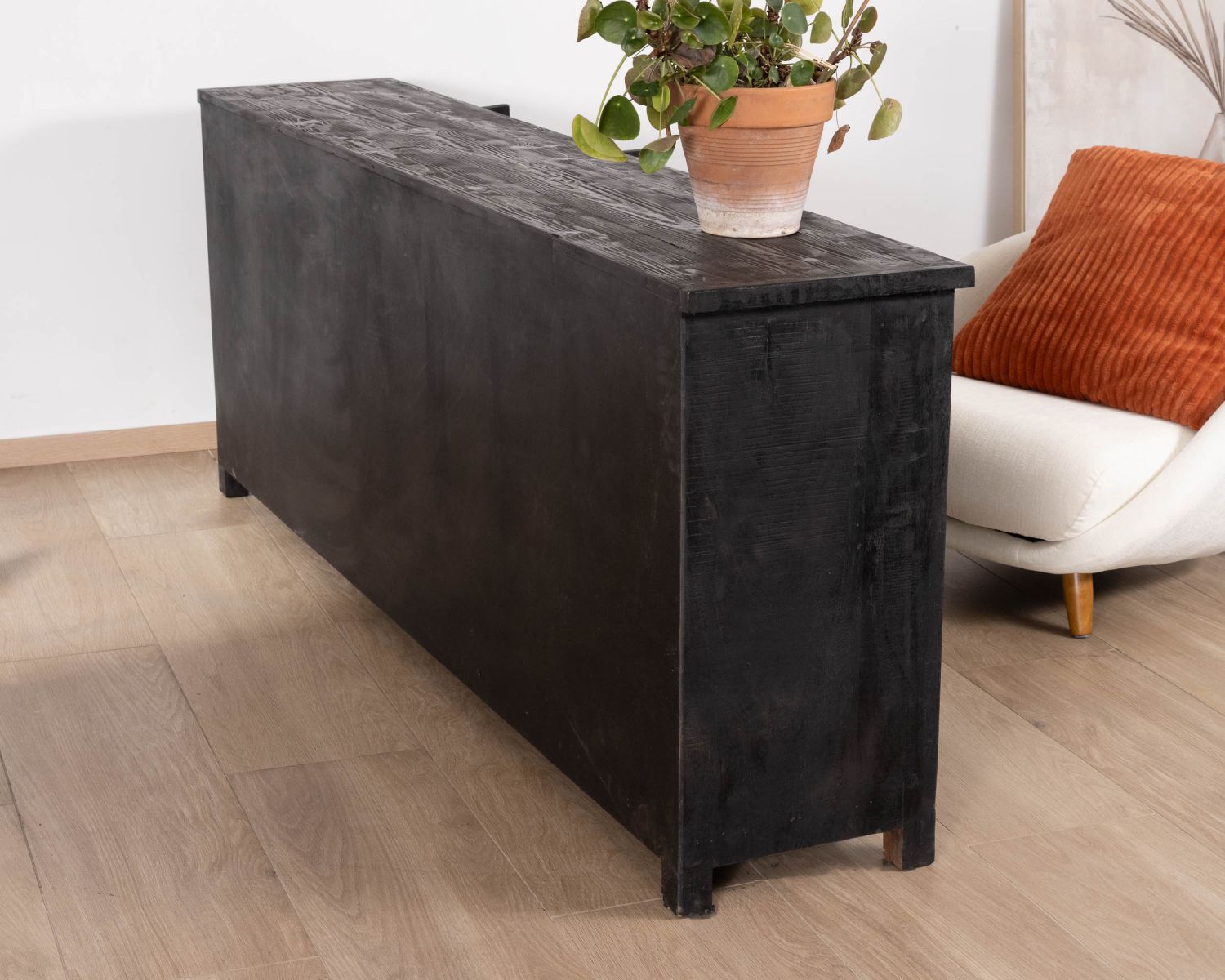 Credenza a 6 ante in stile etnico in legno di recupero con finitura nera "Nepalaise" 215 cm