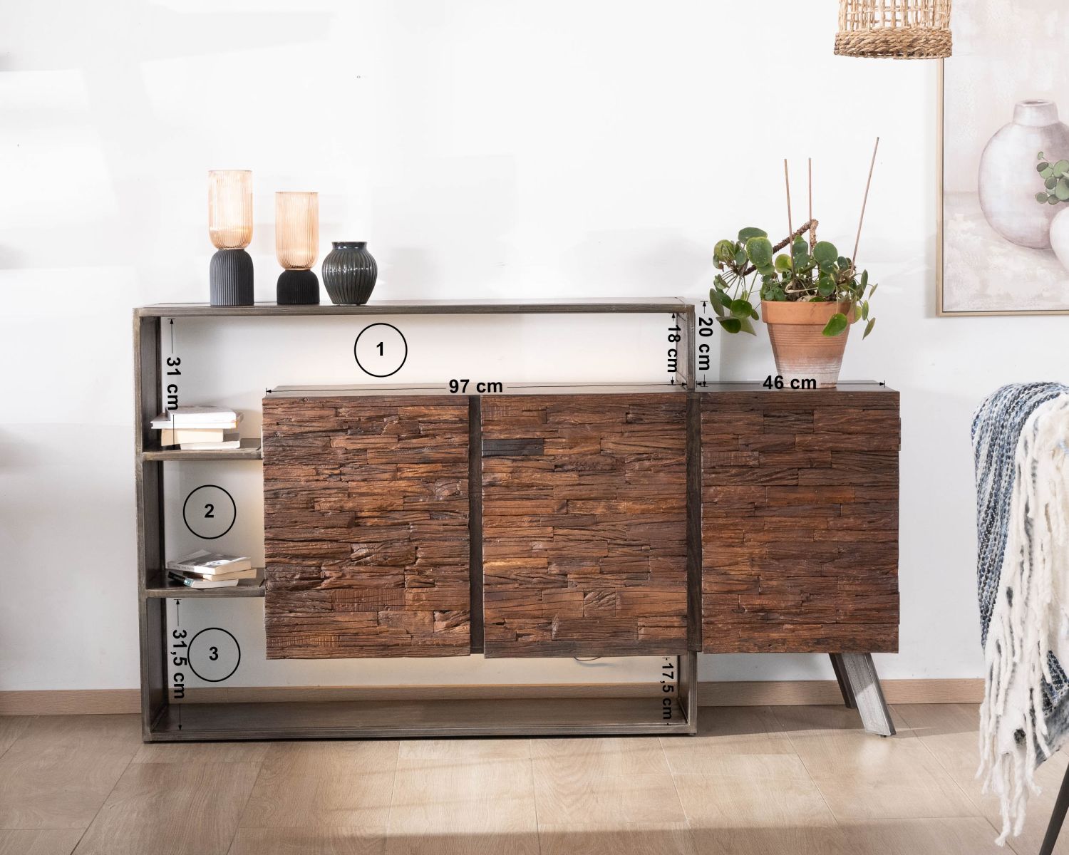 Credenza destrutturata a 3 ante in legno e metallo "Crescendo" con illuminazione a LED