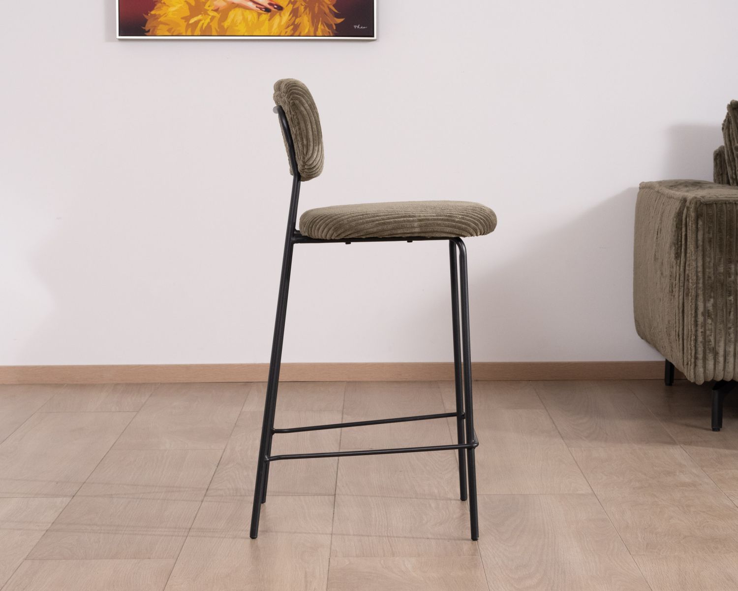 Set di 4 sedie da bar "Kulmino" in velluto a coste color kaki retrò con gambe in metallo nero