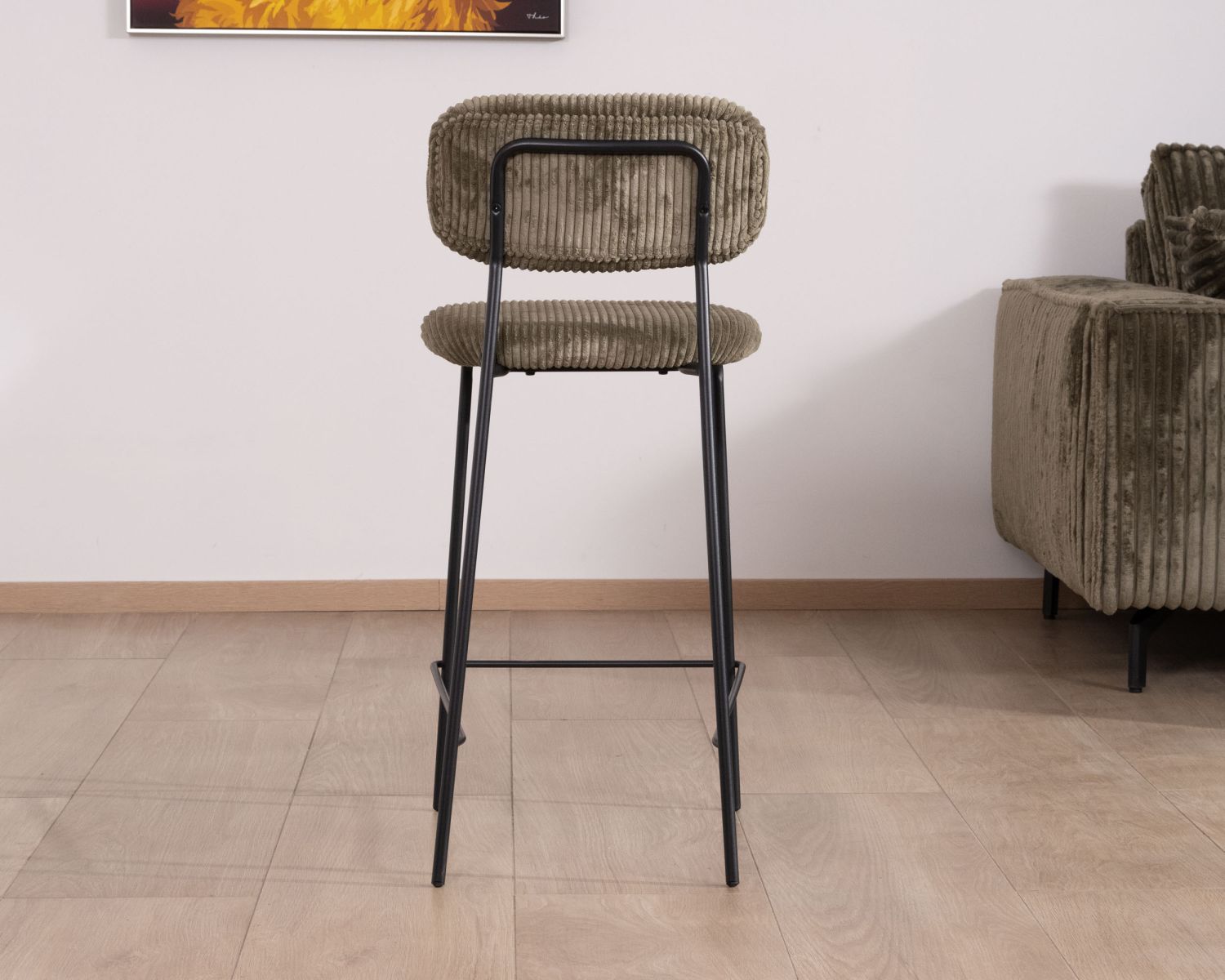 Set di 4 sedie da bar "Kulmino" in velluto a coste color kaki retrò con gambe in metallo nero