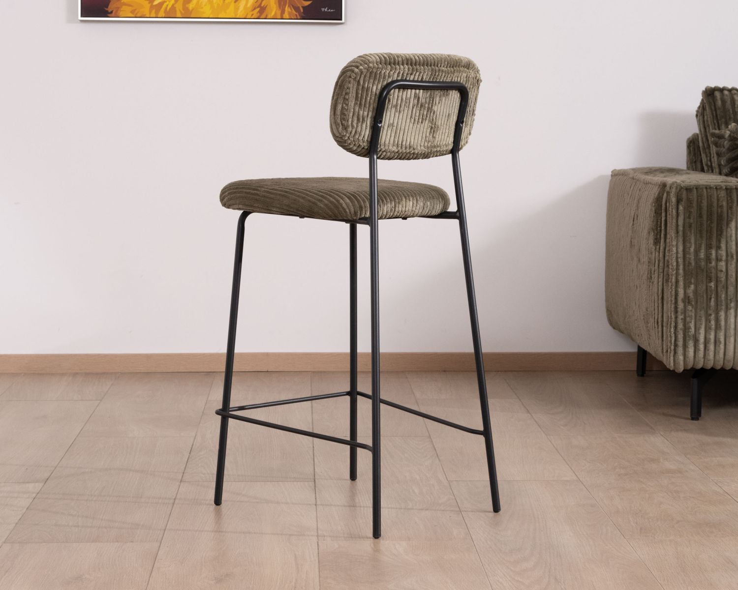 Set di 4 sedie da bar "Kulmino" in velluto a coste color kaki retrò con gambe in metallo nero