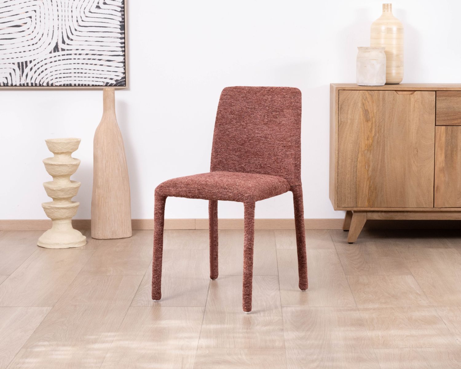 Set di 4 eleganti sedie da pranzo "Otto" in tessuto rosso granata testurizzato con imbottitura integrale