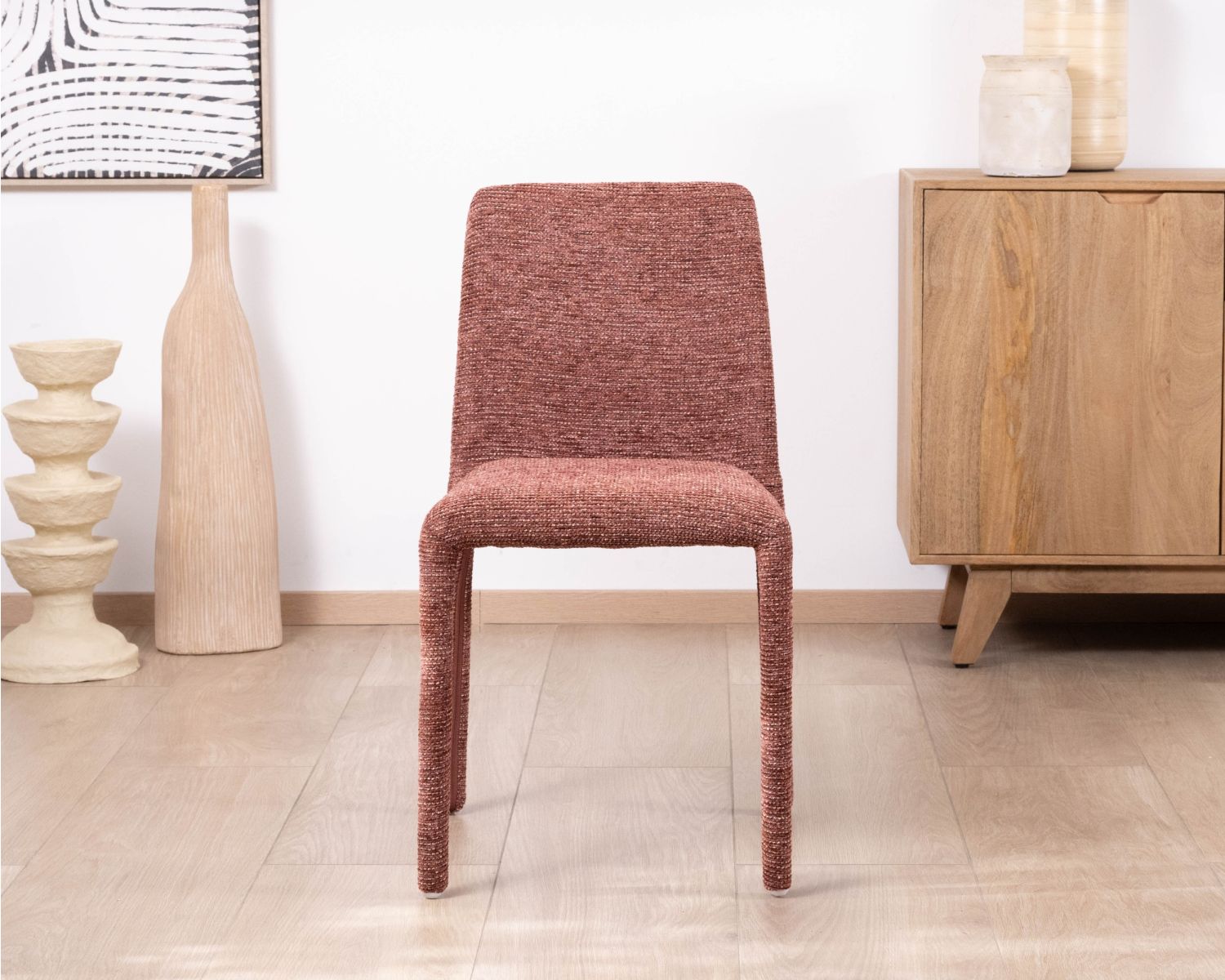 Set di 4 eleganti sedie da pranzo "Otto" in tessuto rosso granata testurizzato con imbottitura integrale