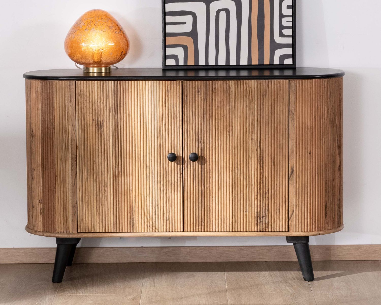 Credenza piccola a 2 ante "Boogie", stile vintage bicolore legno e nero