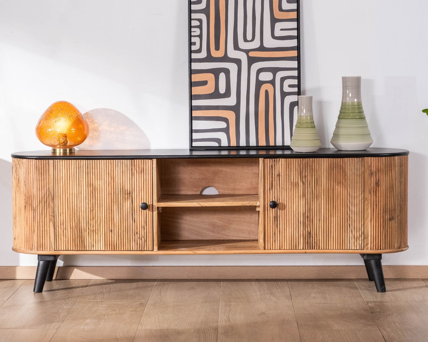 Grande porta TV bicolore in legno e nero "Boogie" dal design vintage e arrotondato 175 cm