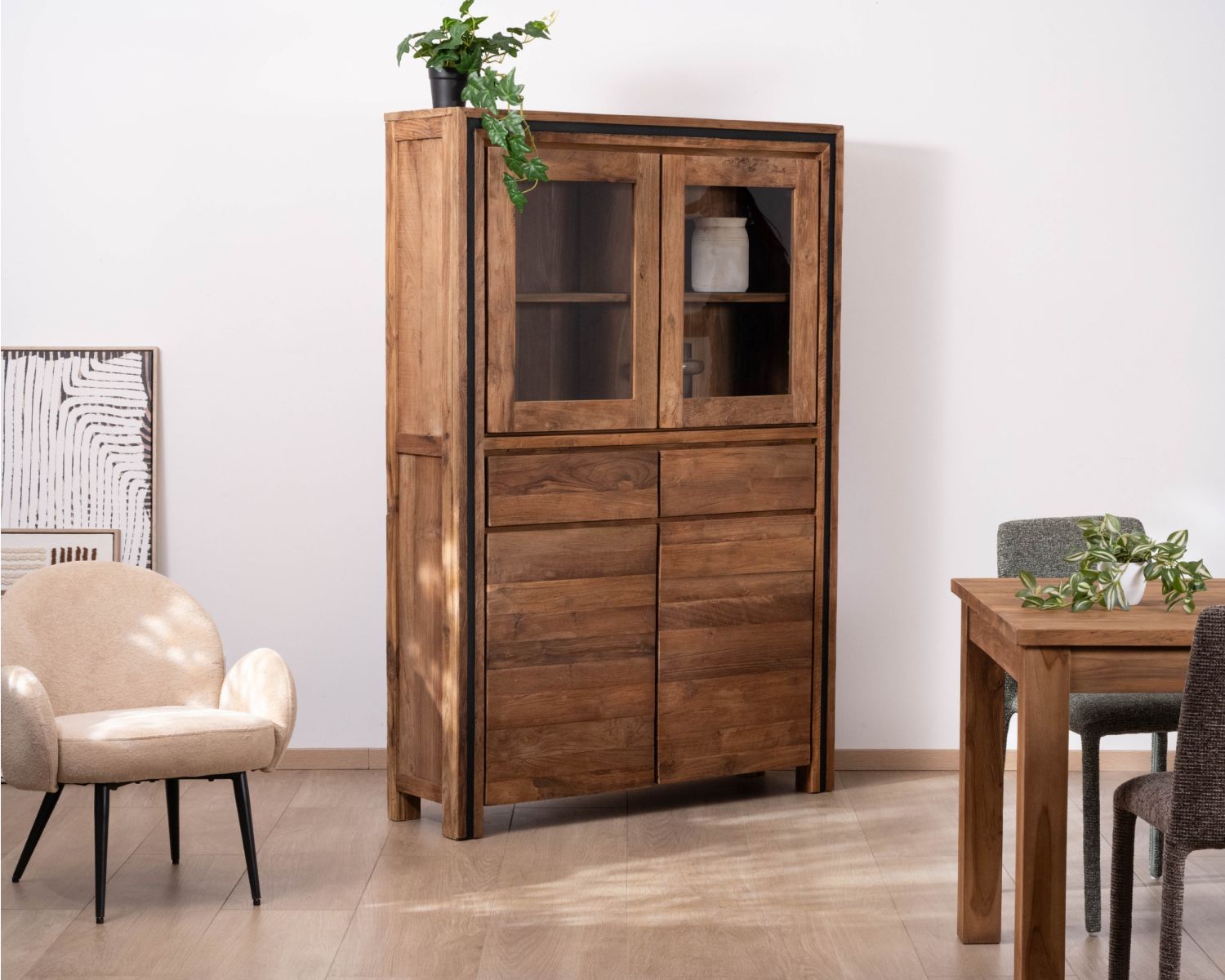 Armadio portavivande contemporaneo "Kayoa" in teak rigenerato e ante in vetro