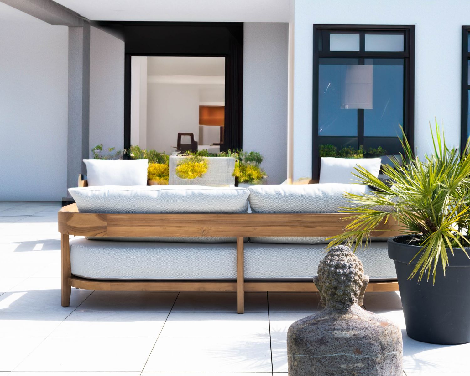 Set di mobili da giardino in teak naturale e tessuto leggero "Orchaise" - divano a 3 posti e poltrone