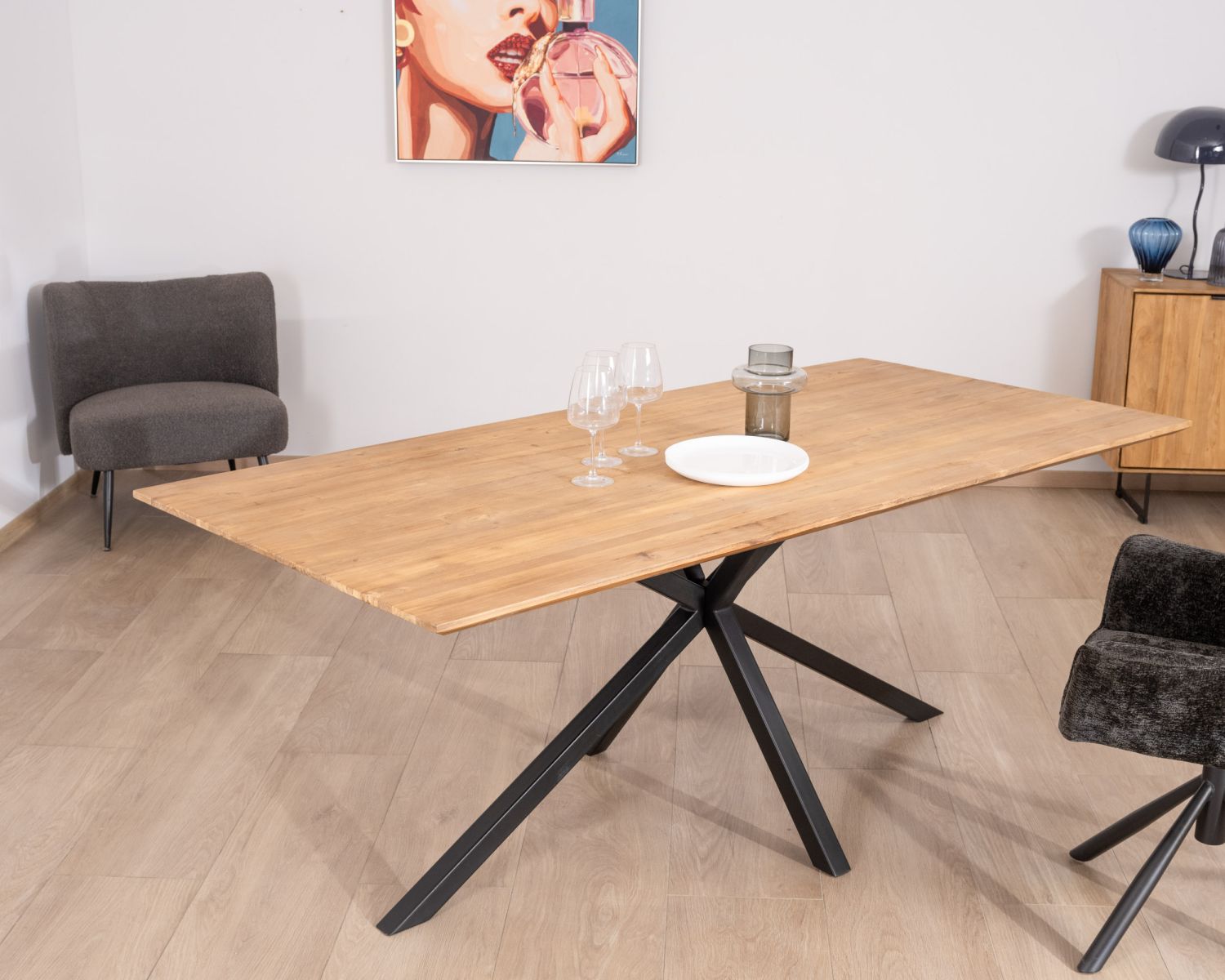 Tavolo da pranzo "Bahia" da 2 m in teak naturale con gambe Mikado in metallo