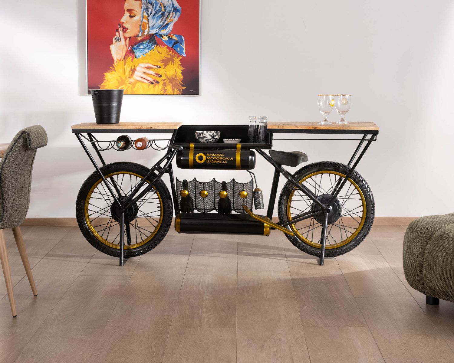 Console per moto "Crazy" ultra originale in legno e metallo nero d'epoca