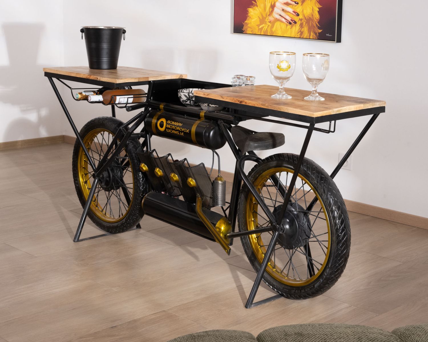 Console per moto "Crazy" ultra originale in legno e metallo nero d'epoca