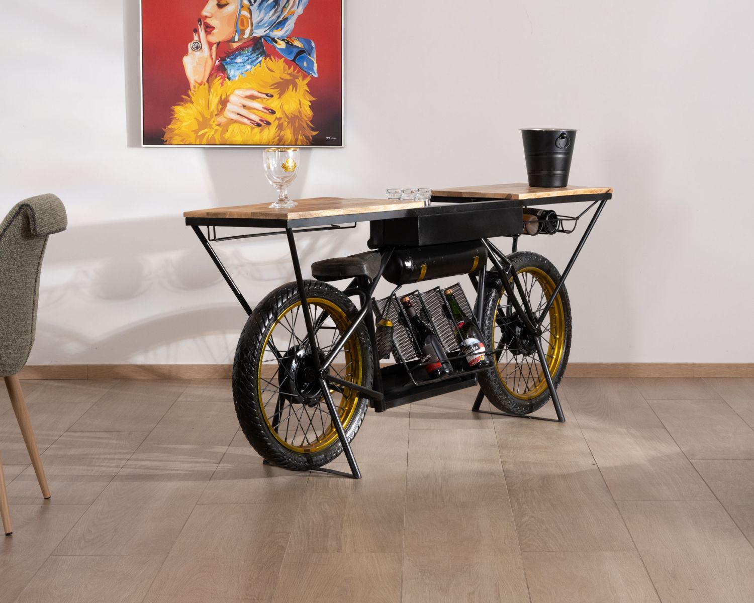 Console per moto "Crazy" ultra originale in legno e metallo nero d'epoca