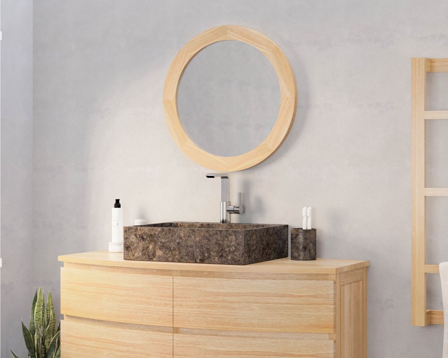 Specchio rotondo di 60 cm di diametro con cornice in teak