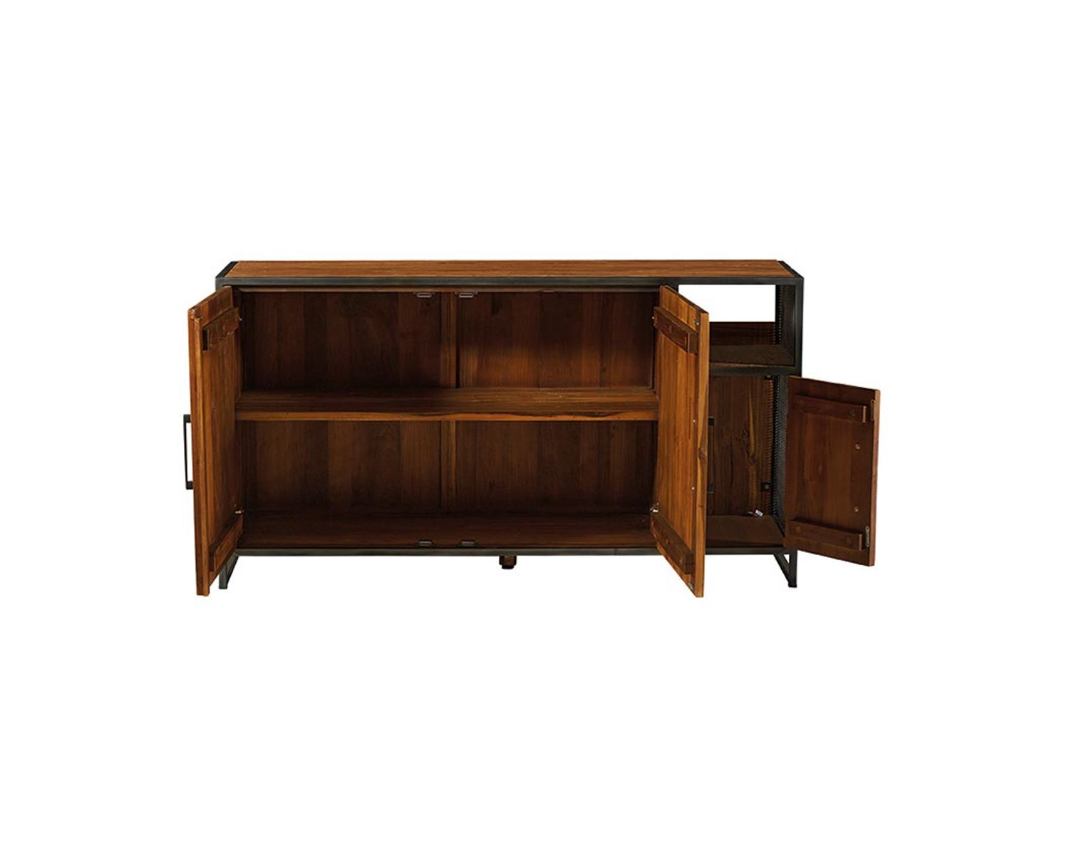 Credenza bassa "Athena" in teak di recupero e ferro antico con 3 ante e 1 nicchia