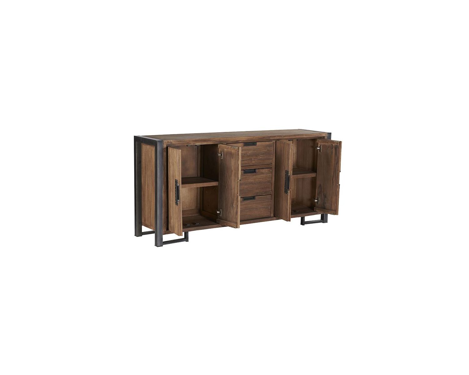 Credenza industriale a 4 ante e 3 cassetti in teak naturale e metallo "Galles