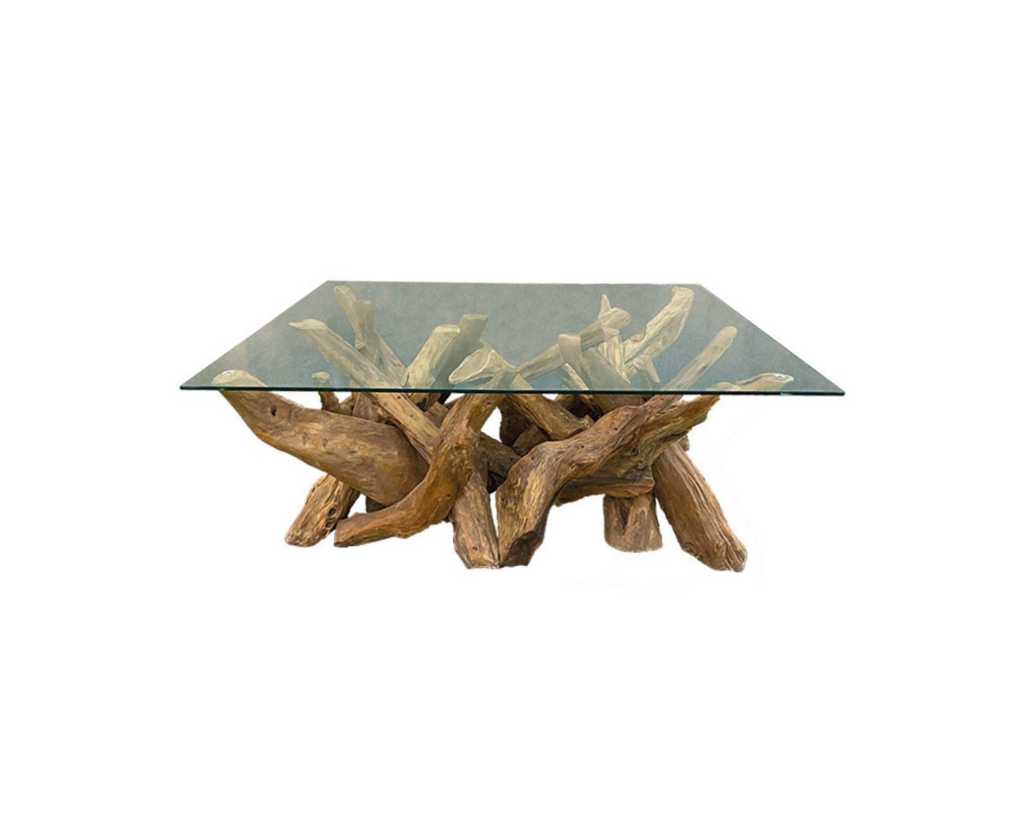 Tavolino da caffè "Farmer" in teak naturale rigenerato con radice in vetro