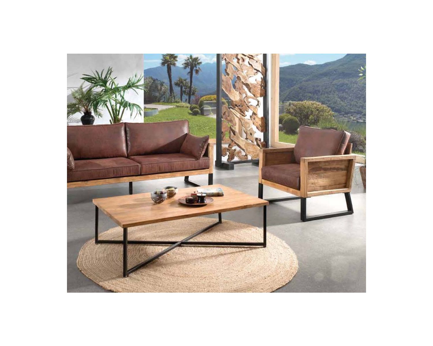 Poltrona Club in tessuto similpelle antracite e teak "Roster