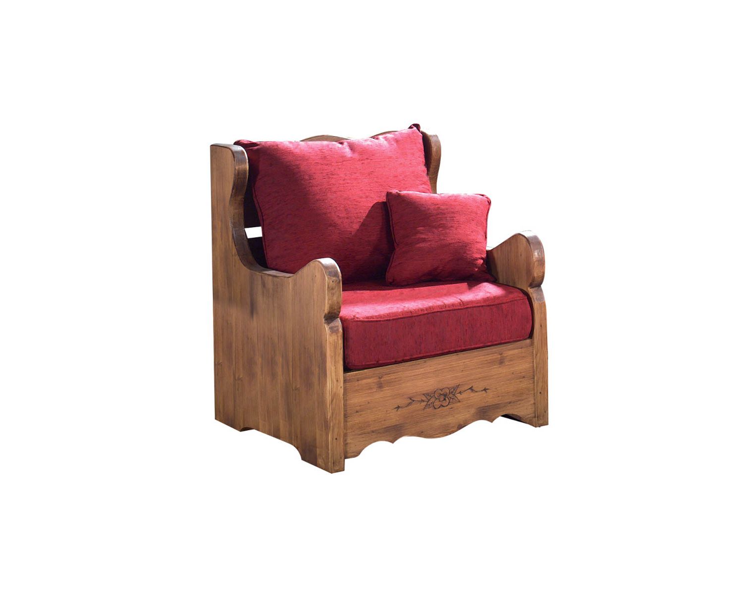 Poltrona in stile rustico in pino massiccio e tessuto "Alaska" a scelta