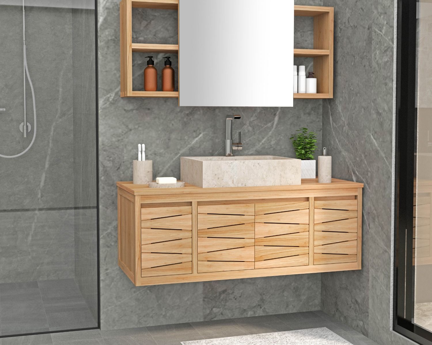 Mensola in teak con specchio scorrevole 120x60 cm