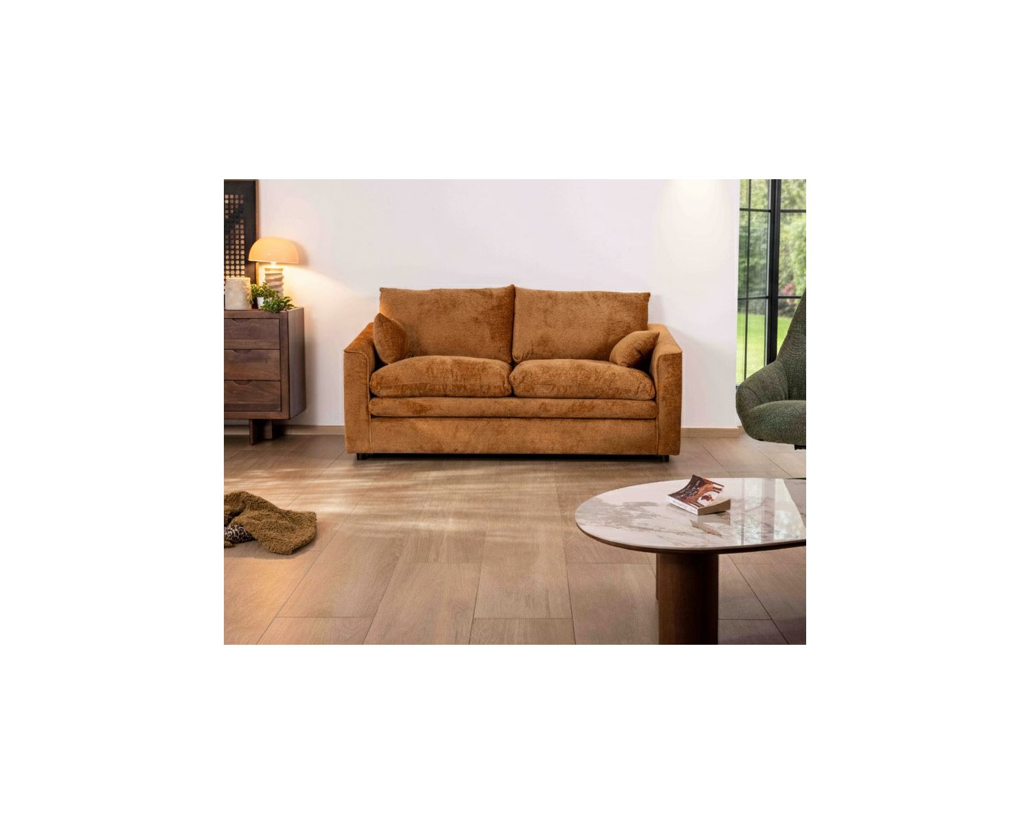 Accogliente divano contemporaneo a 2 posti "Odéa" in tessuto giallo senape