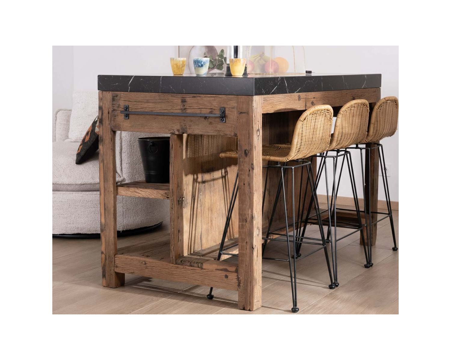  Blocco cucina "Grana" in teak di recupero con piano in marmo nero