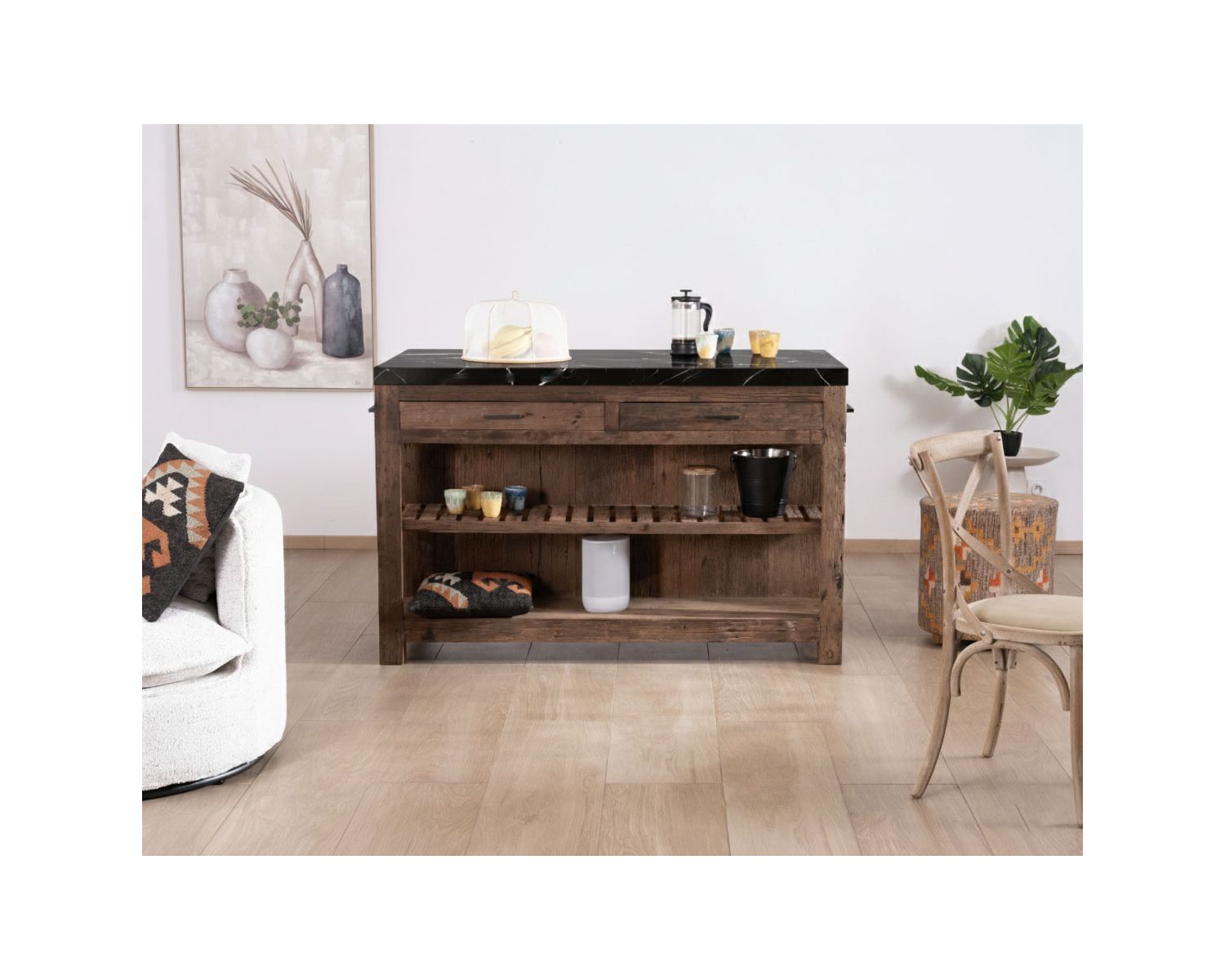  Blocco cucina "Grana" in teak di recupero con piano in marmo nero