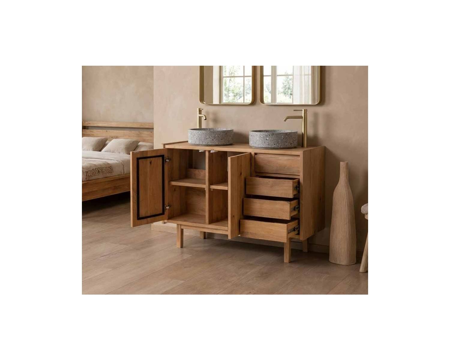 Mobiletto da 120 cm "Kahiko" con ante e cassetti in legno di mango tinto rovere chiaro