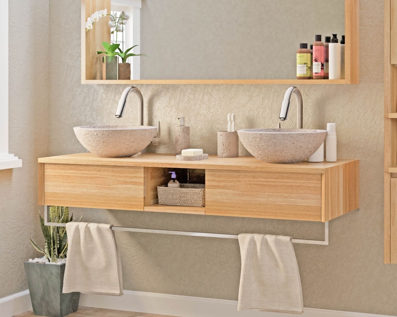 Mobiletto sospeso "Tika" in teak con portasciugamani 140 cm