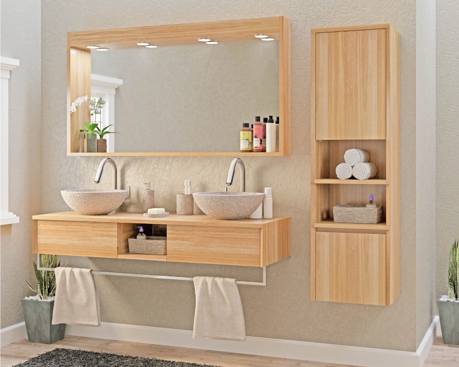 Mobiletto sospeso "Tika" in teak con portasciugamani 140 cm