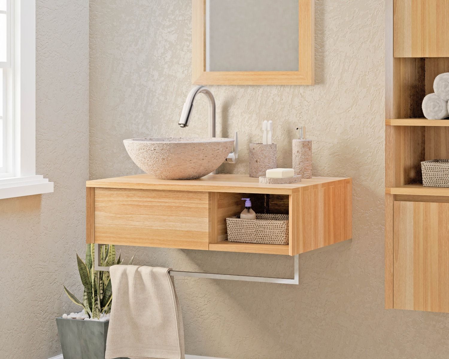 Mobiletto sospeso "Tika" in teak con portasciugamani da 80 cm