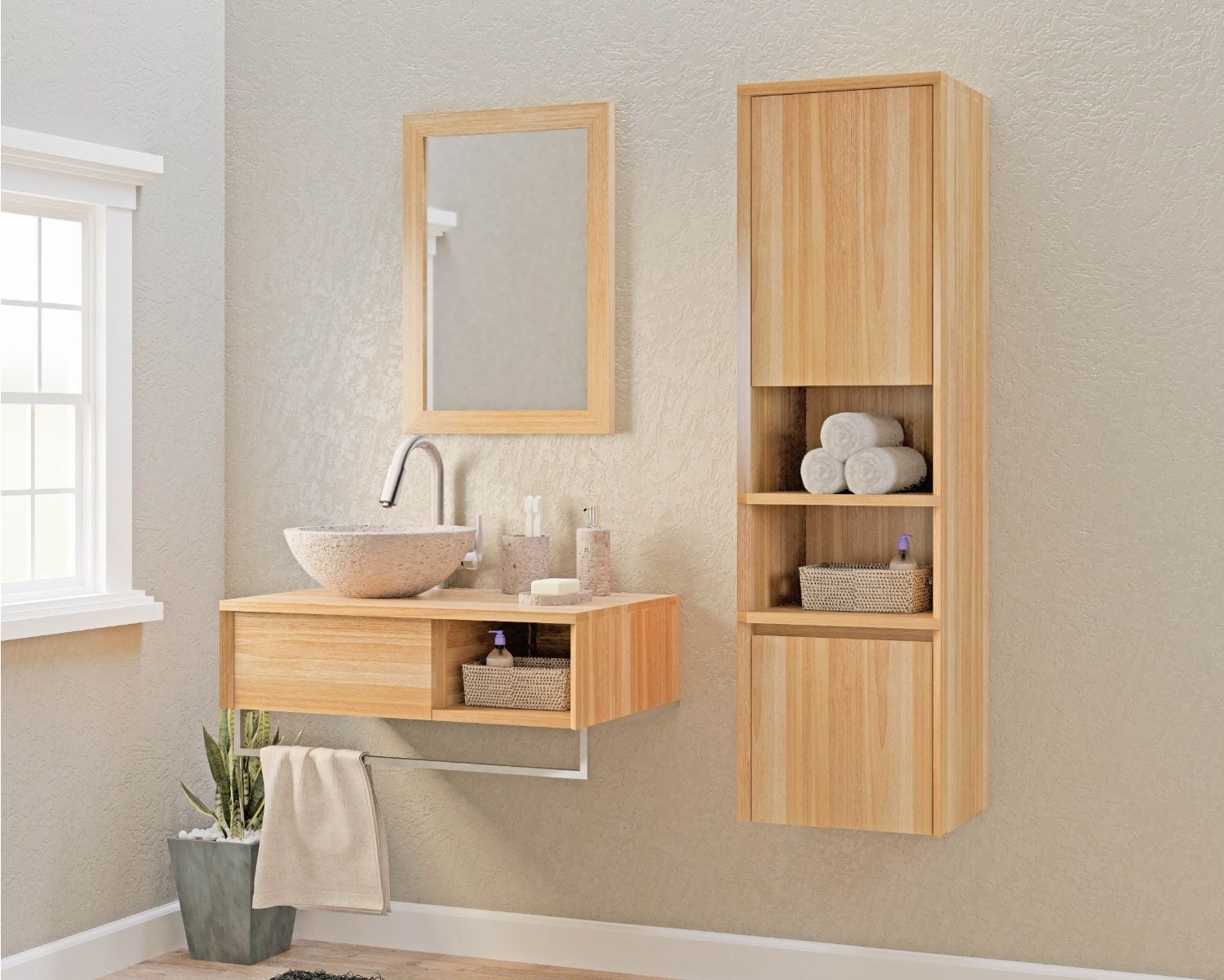 Mobile contenitore in teak "Tika" con anta, nicchie e cassetto