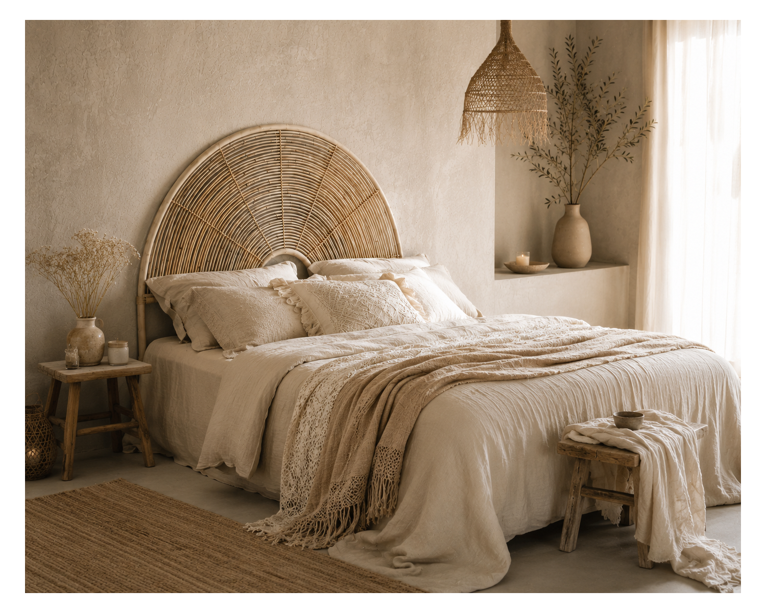 Testata in stile etnico "Solira" in rattan, forma rotonda 160 cm