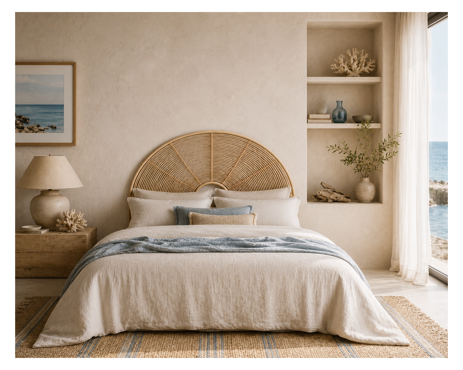 Testiera rotonda in stile etnico da 140 cm in rattan "Solira