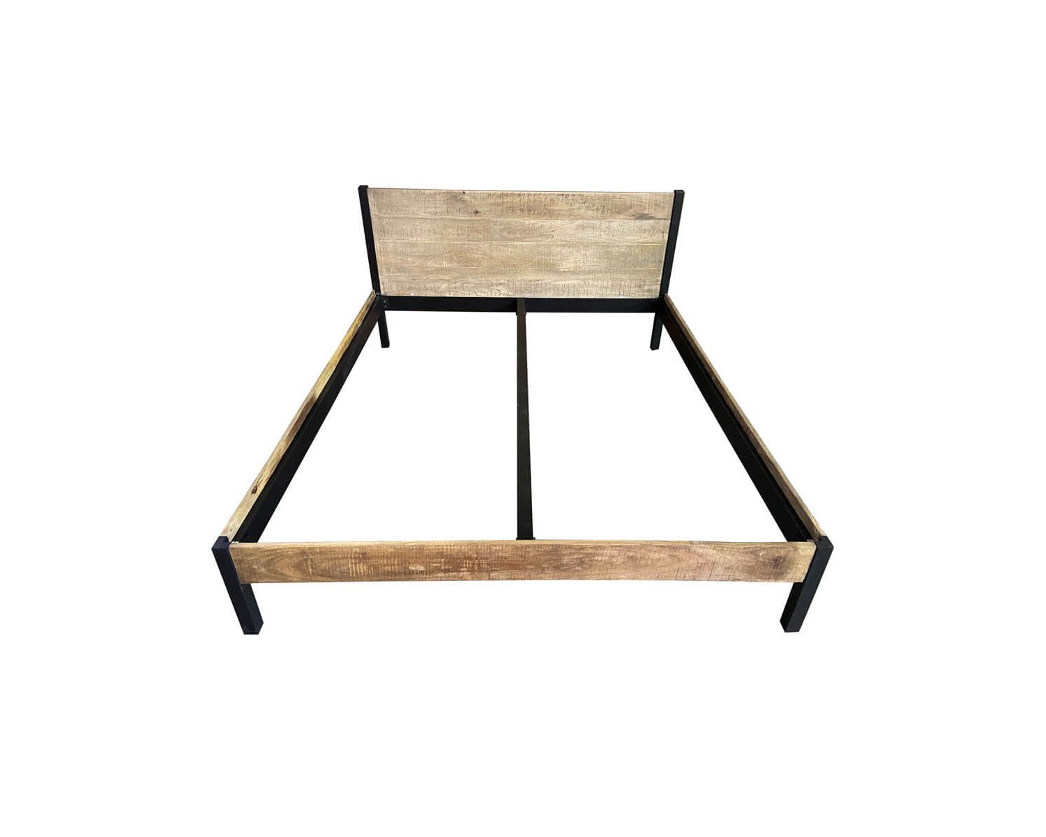 Letto king size in stile industriale "Atelier" in metallo nero e legno naturale