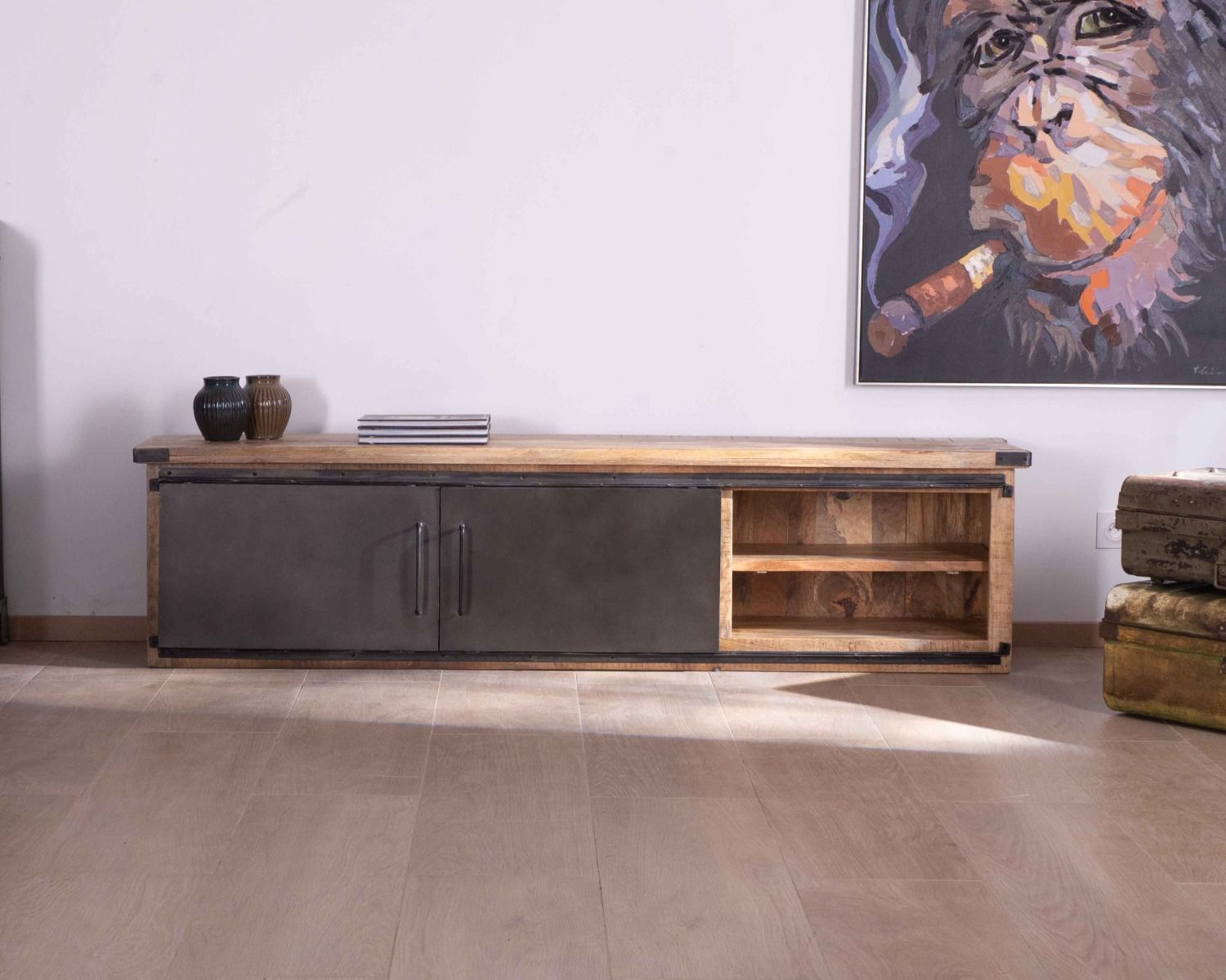 Grande porta TV "Caractère" 200 cm a 2 ante e 2 cassetti in metallo e legno