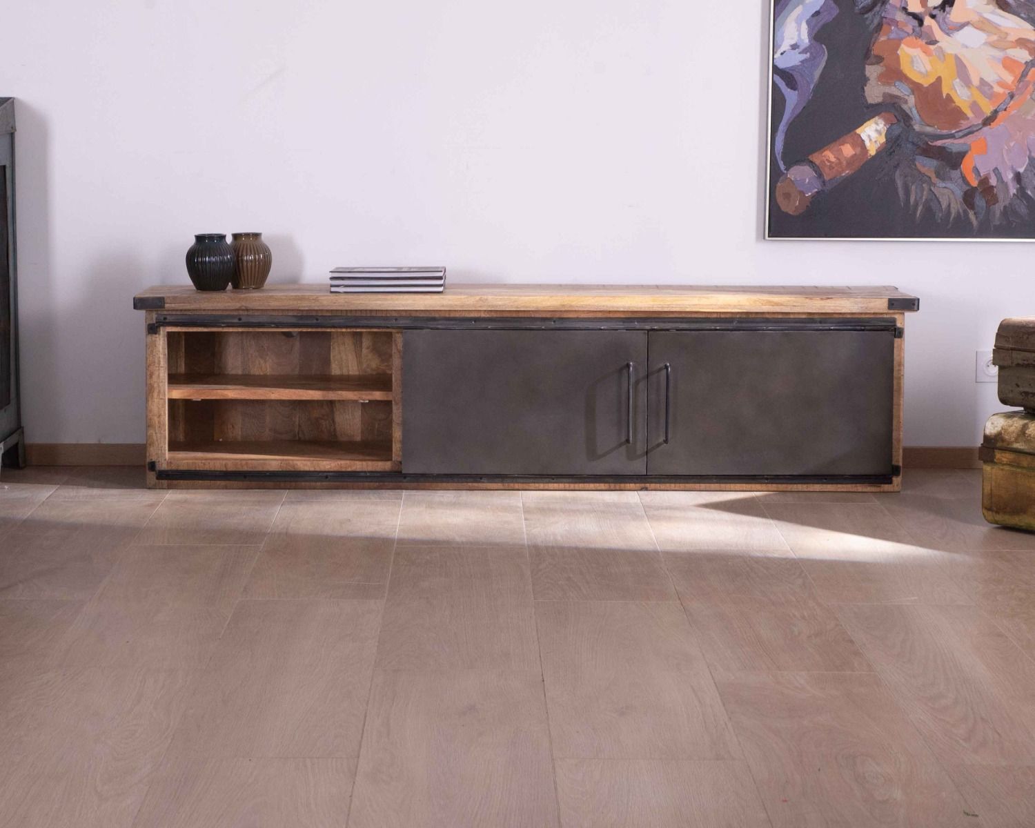 Grande porta TV "Caractère" 200 cm a 2 ante e 2 cassetti in metallo e legno