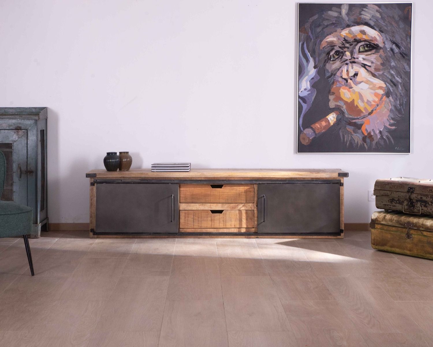 Grande porta TV "Caractère" 200 cm a 2 ante e 2 cassetti in metallo e legno