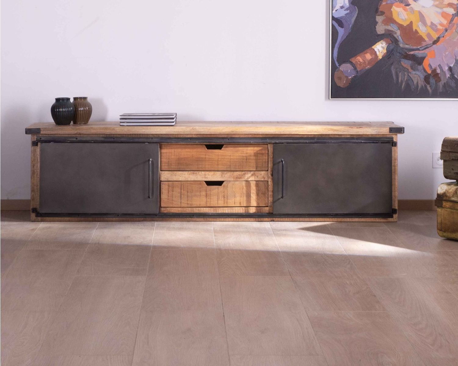 Grande porta TV "Caractère" 200 cm a 2 ante e 2 cassetti in metallo e legno