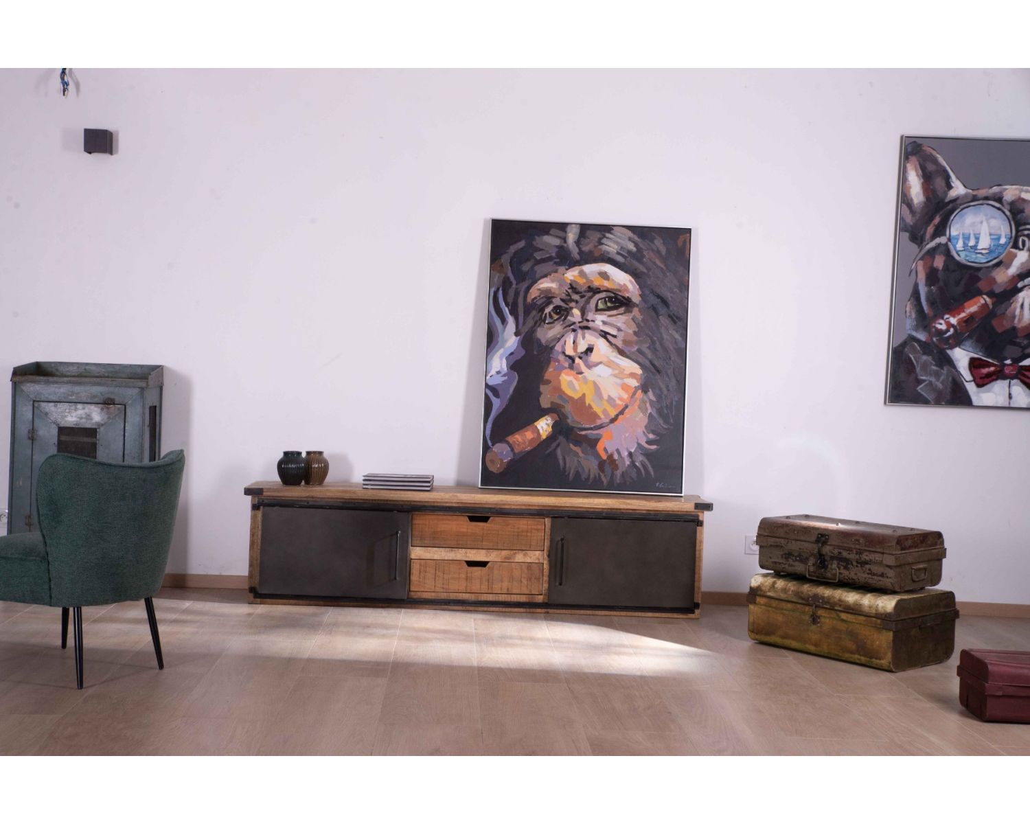 Grande porta TV "Caractère" 200 cm a 2 ante e 2 cassetti in metallo e legno