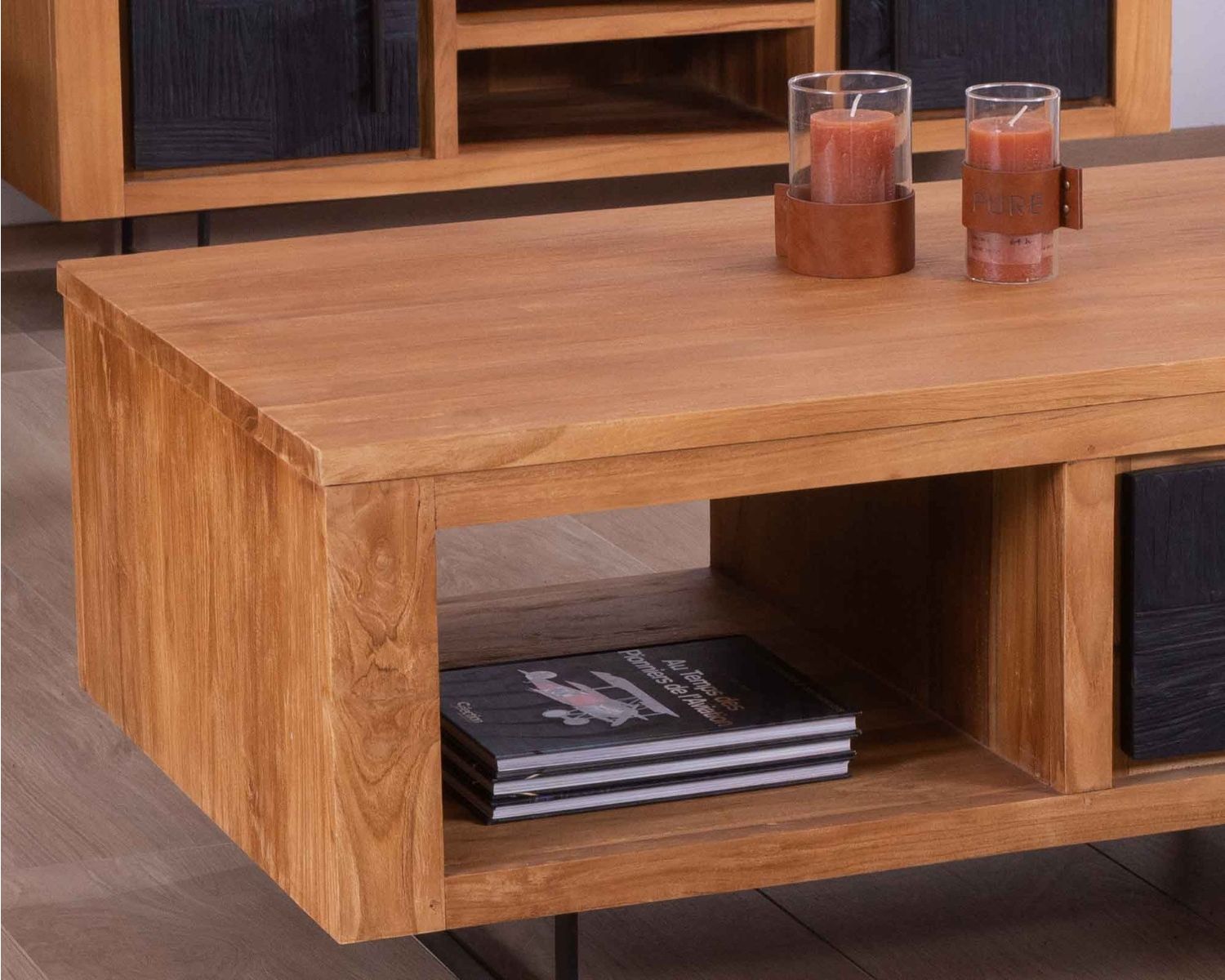 Tavolino rettangolare "Trend" in teak di recupero, 2 cassetti