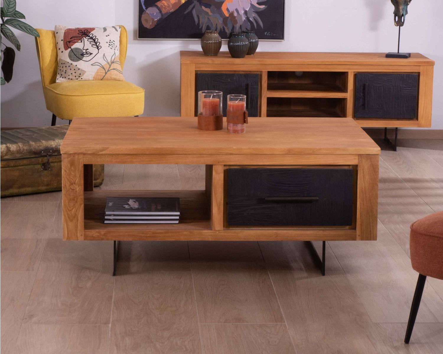 Tavolino rettangolare "Trend" in teak di recupero, 2 cassetti